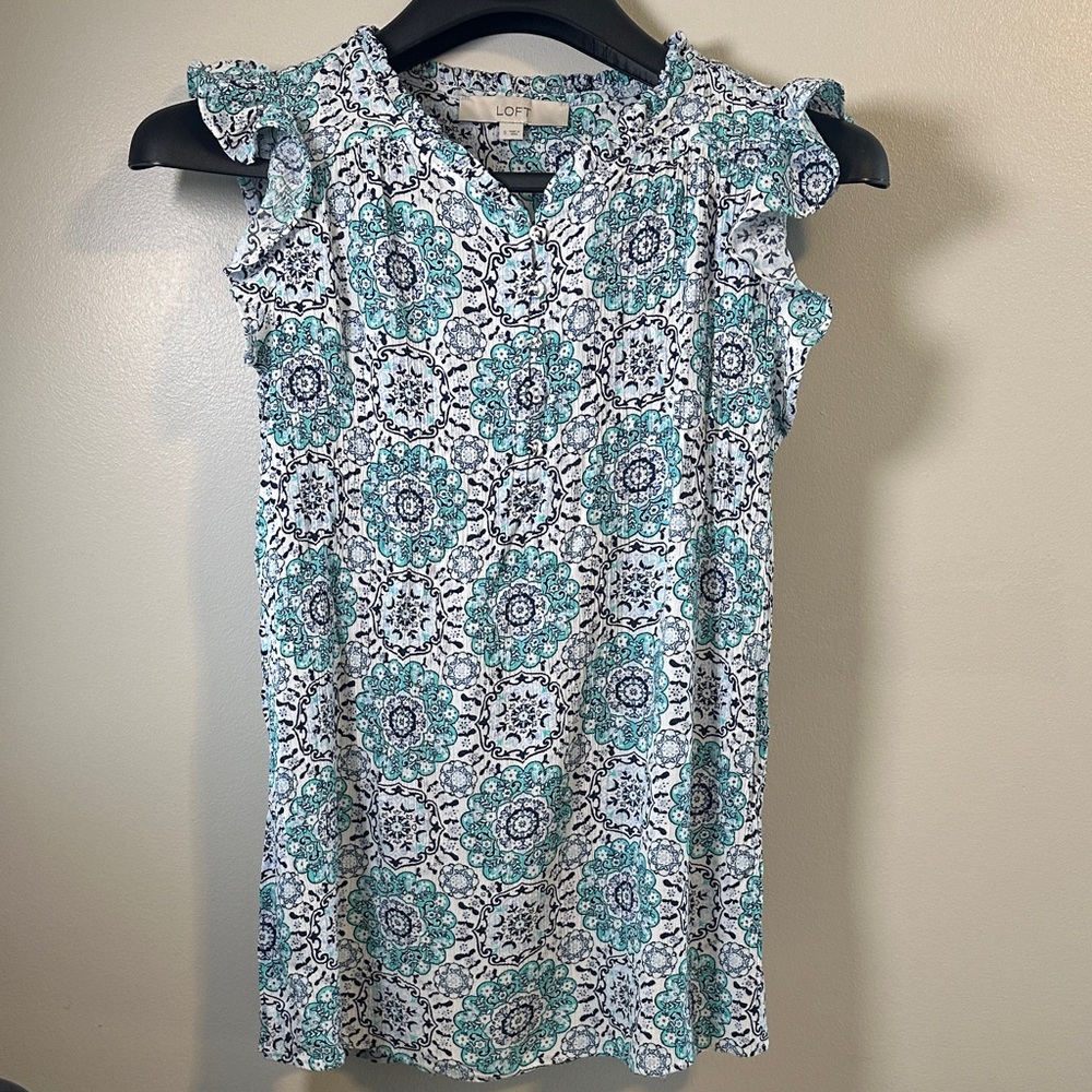 LOFT Teal and White Floral Blouse